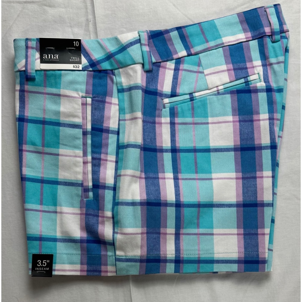 a.n.a Womens Pinwheel Plaid Twill Shorts Teal Purple Blue Size 10 NWT